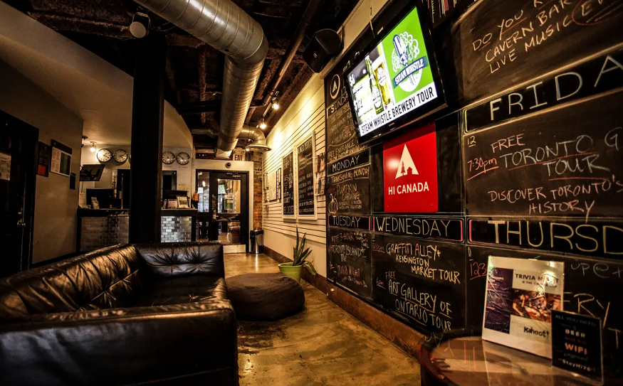 best hostels in Toronto, social area with sofas and tv at HI Toronto