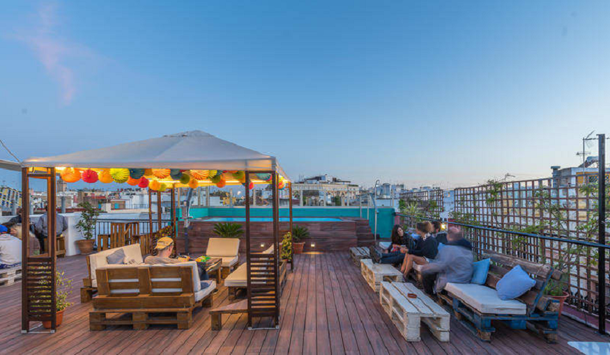 best hostels in seville, rooftop at Oasis Backpackers' Palace Sevilla